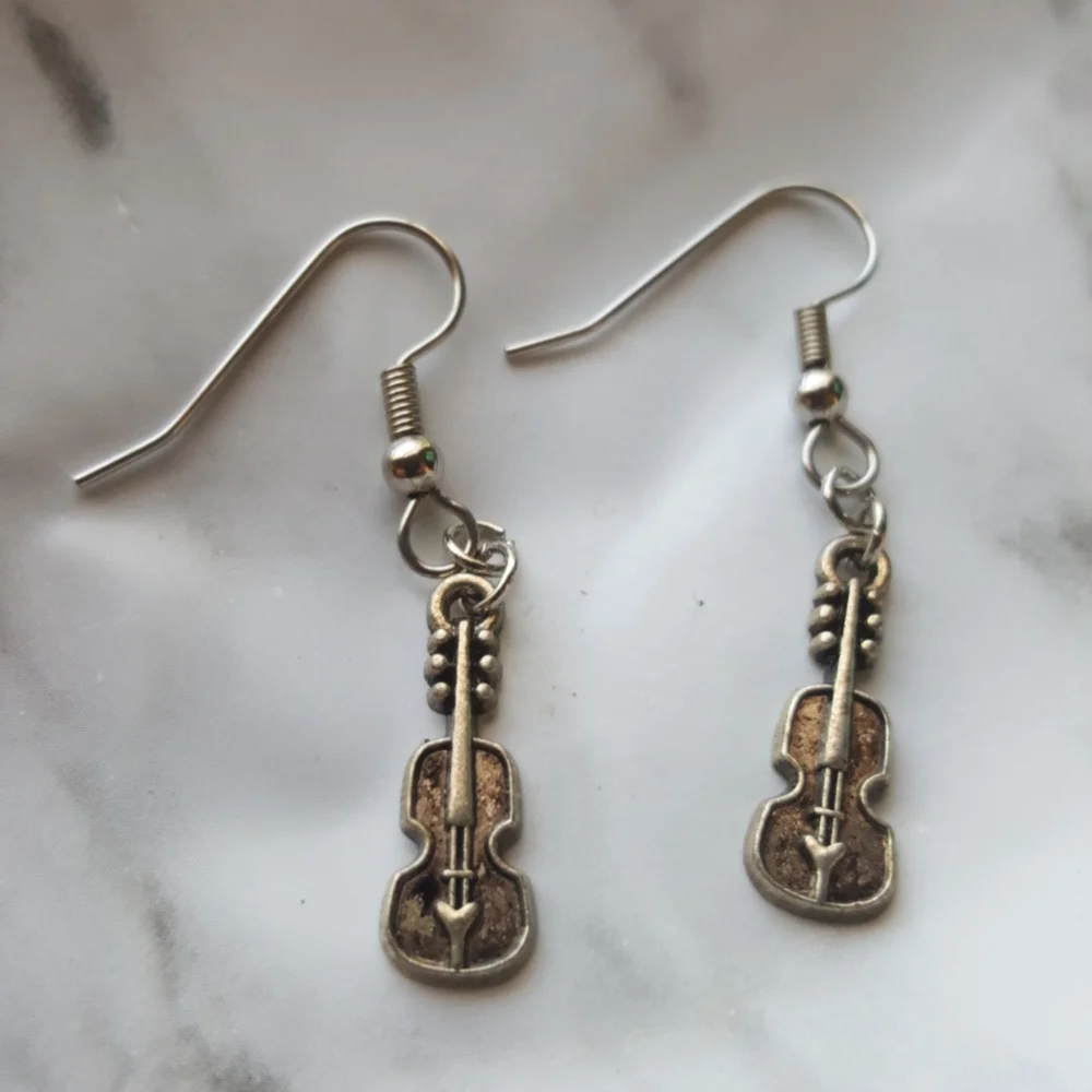 Violin Fiddle Earrings Surgical Steel Silver Tone - Picture 2 of 8